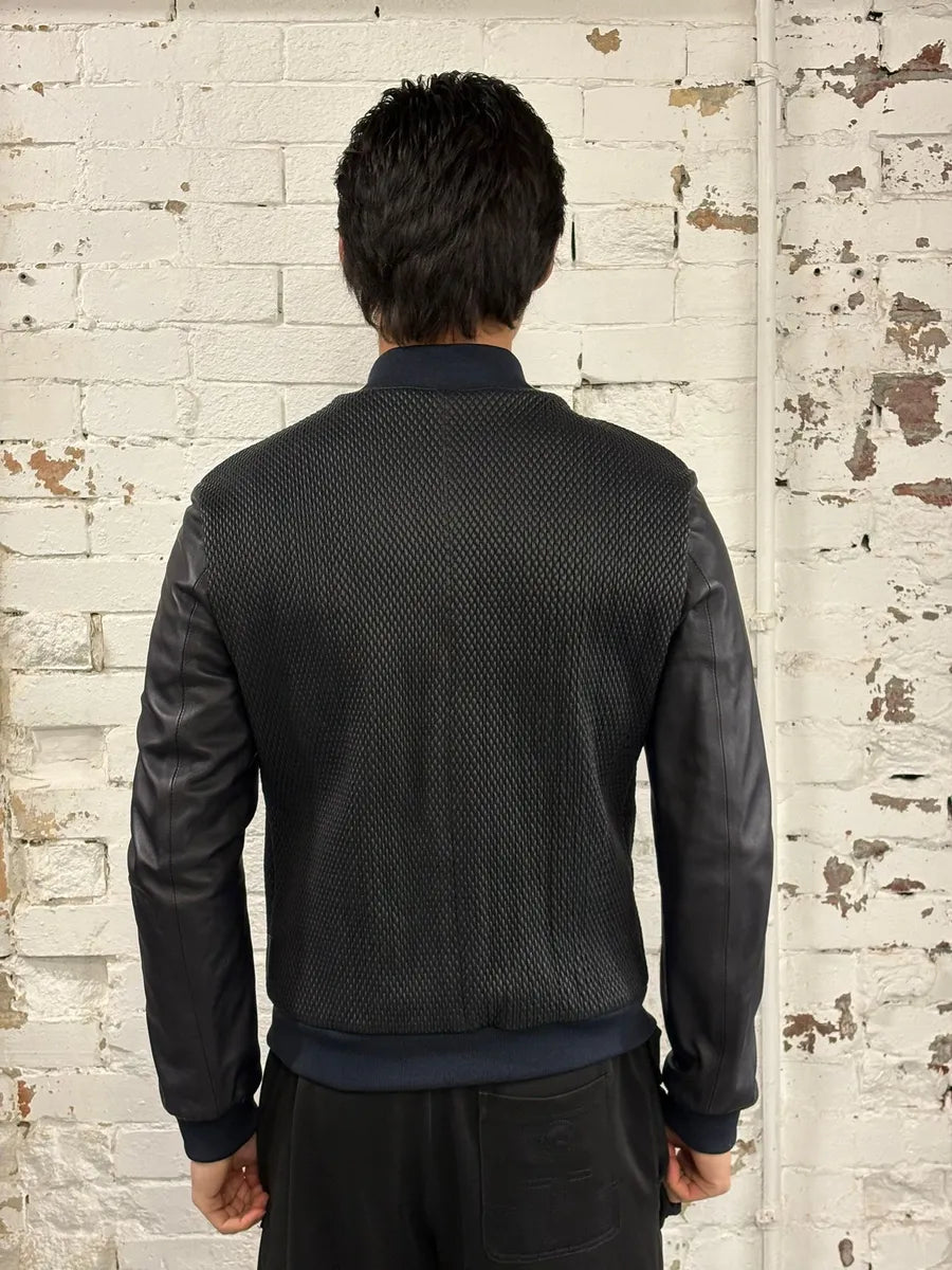 AW2018 Emporio Armani Navy & Black Waffled Leather Bomber Jacket oGhHQSm 3