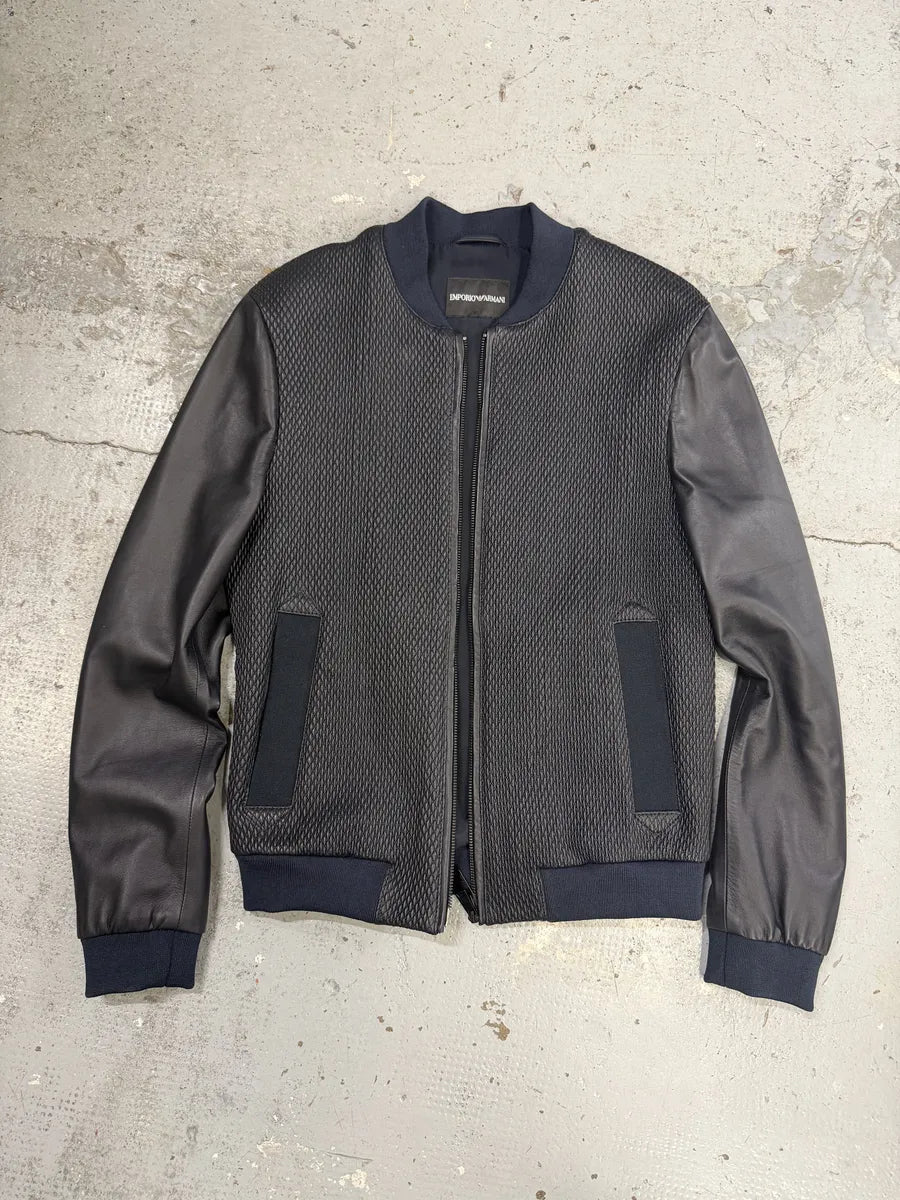 AW2018 Emporio Armani Navy & Black Waffled Leather Bomber Jacket oGhHQSm 4