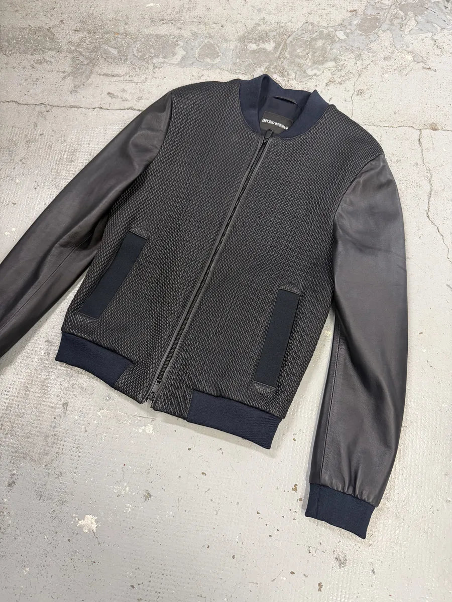 AW2018 Emporio Armani Navy & Black Waffled Leather Bomber Jacket oGhHQSm 5