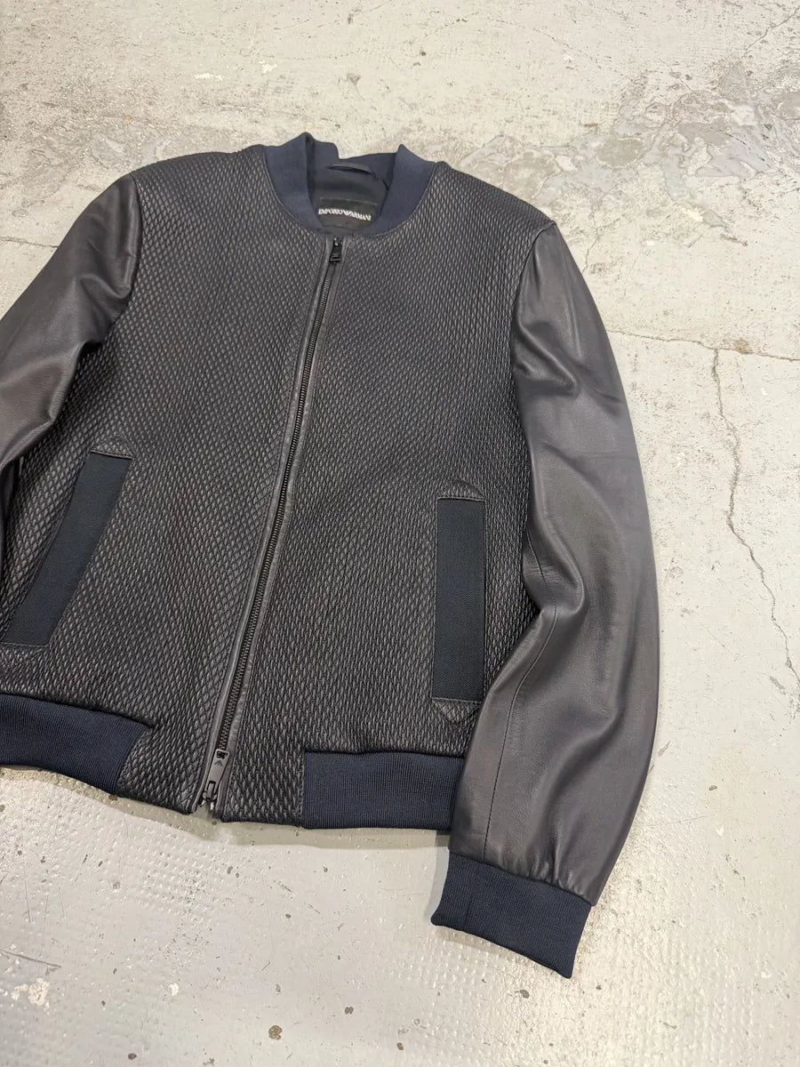 AW2018 Emporio Armani Navy & Black Waffled Leather Bomber Jacket oGhHQSm 6