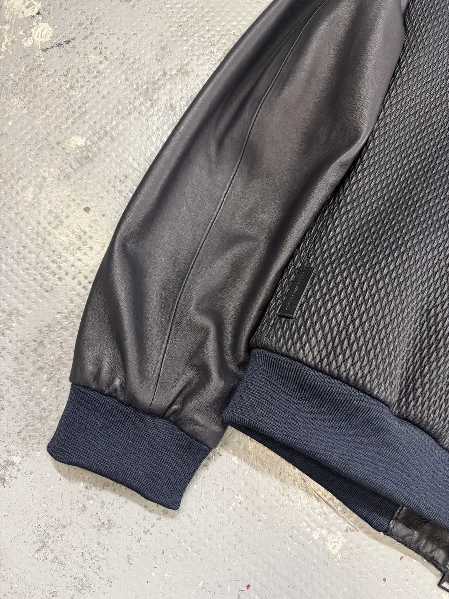 AW2018 Emporio Armani Navy & Black Waffled Leather Bomber Jacket oGhHQSm 8