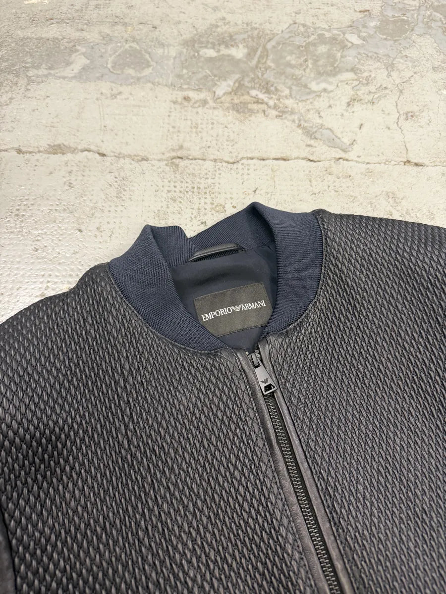 AW2018 Emporio Armani Navy & Black Waffled Leather Bomber Jacket oGhHQSm 9