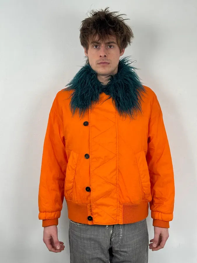 AW2018 Maison Margiela Orange Navy Fur Collar Bomber Jacket oLTylXL 1