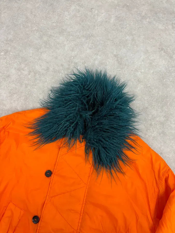 AW2018 Maison Margiela Orange Navy Fur Collar Bomber Jacket oLTylXL 3