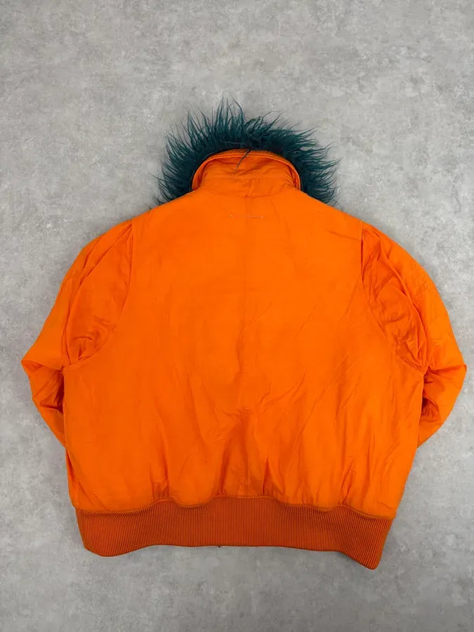 AW2018 Maison Margiela Orange Navy Fur Collar Bomber Jacket oLTylXL 4
