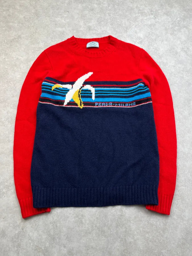 AW2018 Prada Banana Red & Navy Wool Sweat pvFIPBB 0