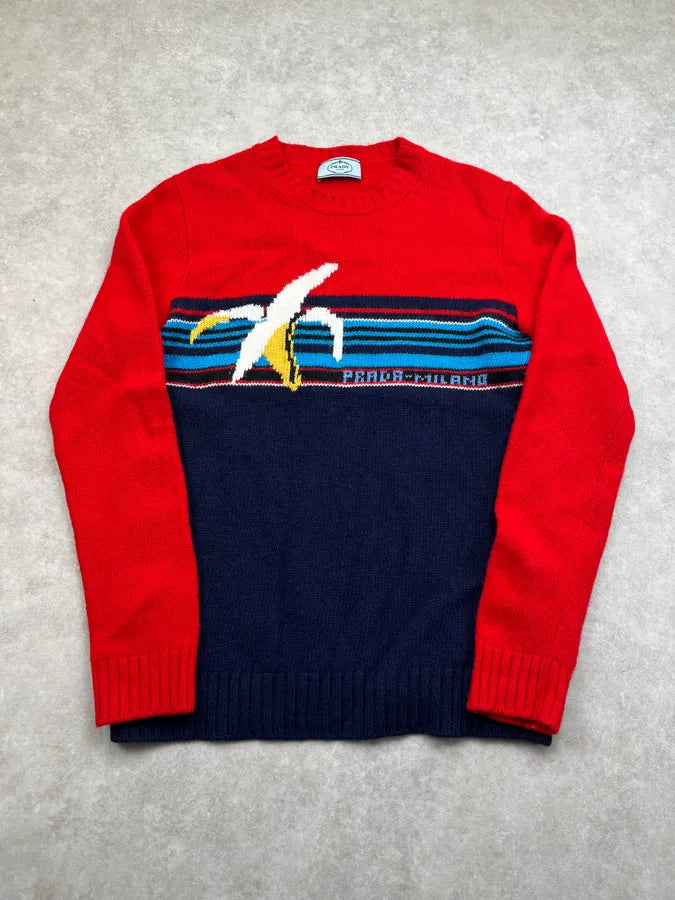 AW2018 Prada Banana Red & Navy Wool Sweat pvFIPBB 3