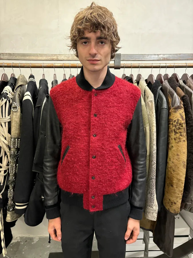 AW2018 Saint Laurent Red Mohair Black Leather Teddy Bomber Jacket (S) RJwRFLn 1