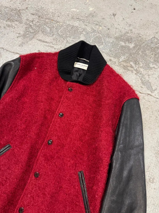 AW2018 Saint Laurent Red Mohair Black Leather Teddy Bomber Jacket (S) RJwRFLn 3
