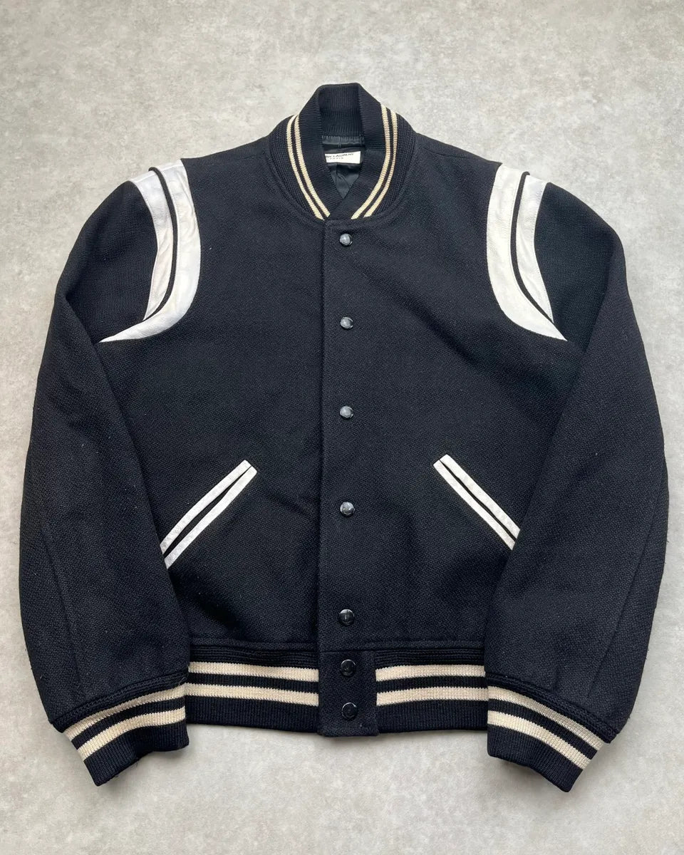 AW2018 Saint Laurent White Contrast Collar Black Teddy Jacket QRAcxGW 0