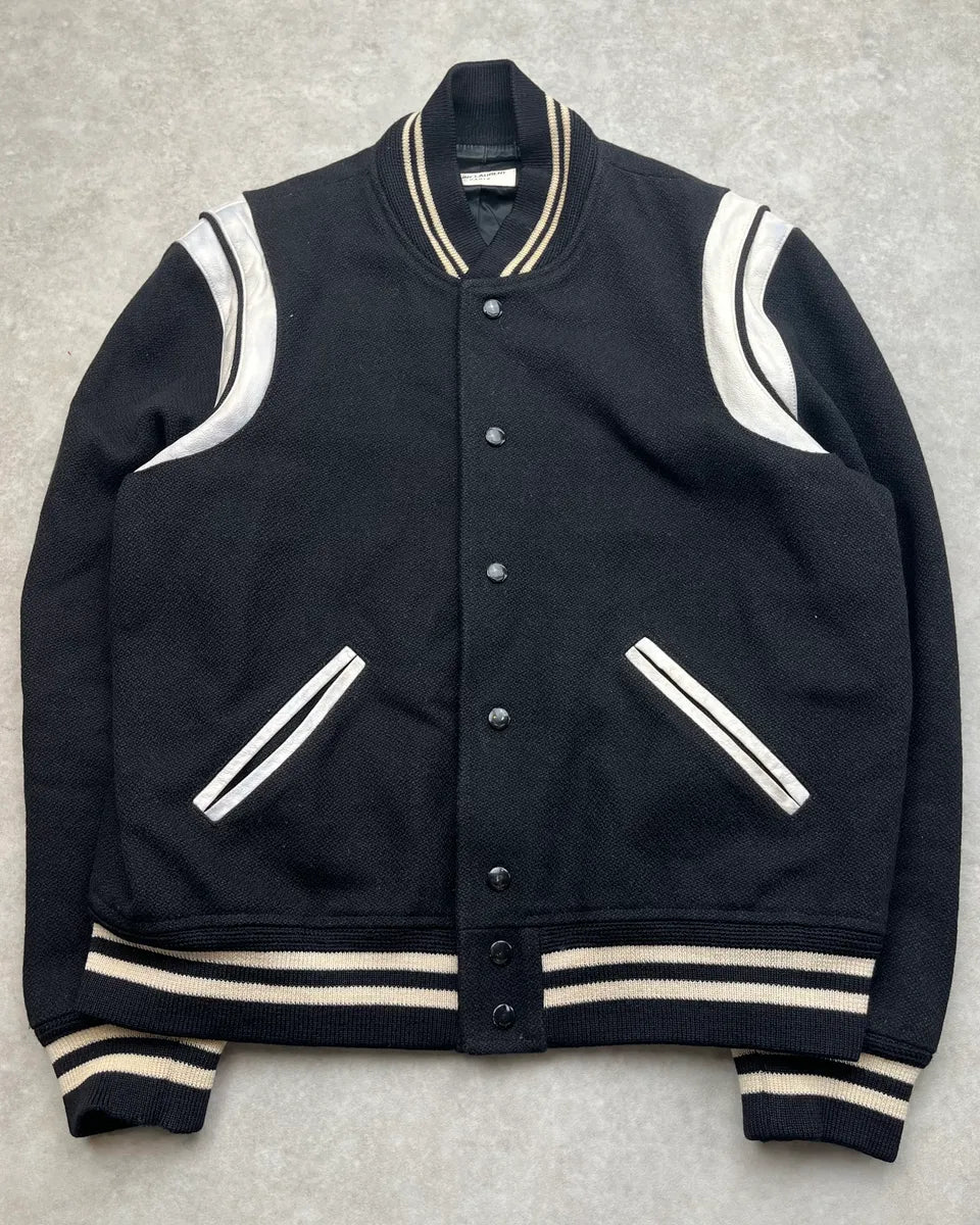AW2018 Saint Laurent White Contrast Collar Black Teddy Jacket QRAcxGW 3