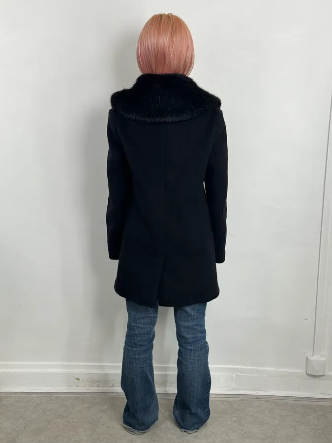 AW2019 Emporio Armani Black Wool Faux Fur Collar Buttoned Coat  CVqrWZp 2
