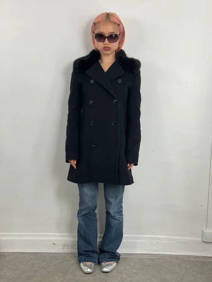 AW2019 Emporio Armani Black Wool Faux Fur Collar Buttoned Coat  CVqrWZp 1