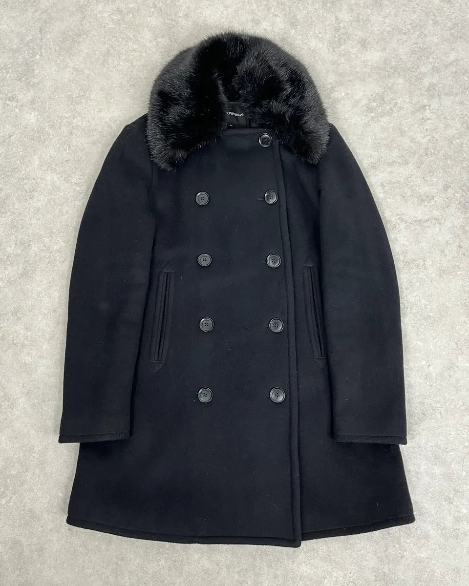 AW2019 Emporio Armani Black Wool Faux Fur Collar Buttoned Coat  CVqrWZp 0