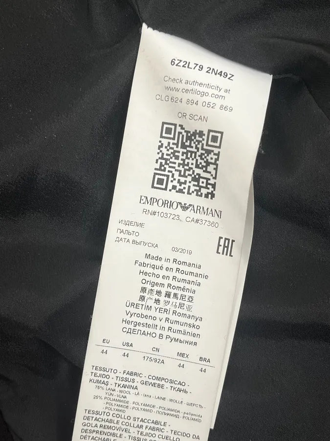 AW2019 Emporio Armani Black Wool Faux Fur Collar Buttoned Coat  CVqrWZp 9
