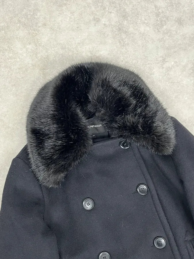 AW2019 Emporio Armani Black Wool Faux Fur Collar Buttoned Coat  CVqrWZp 4