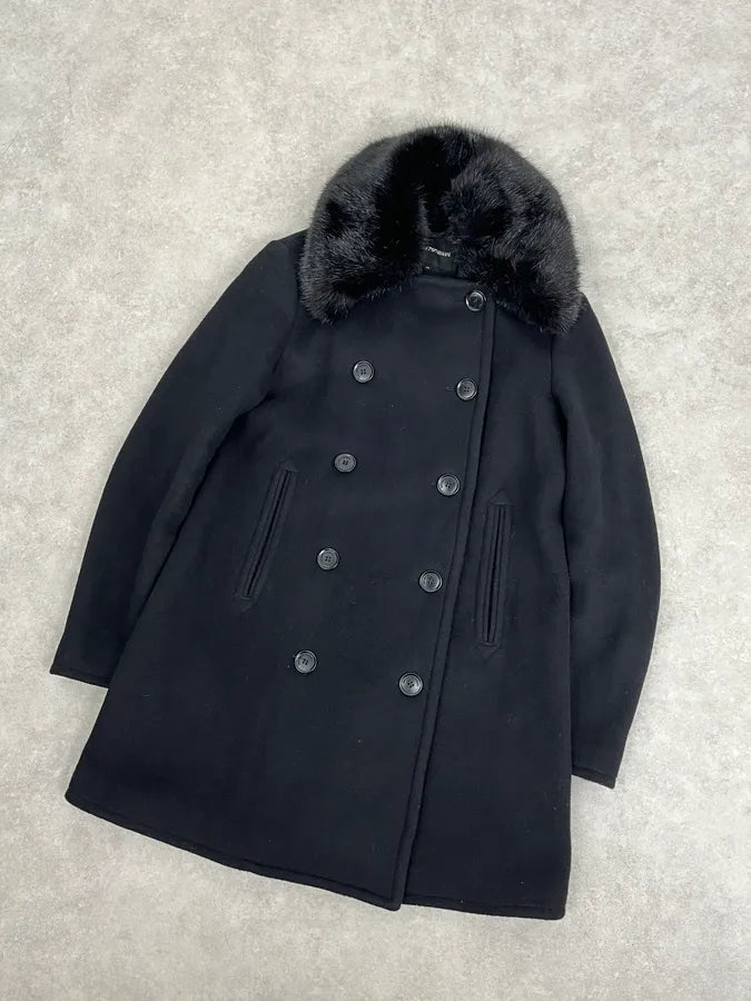 AW2019 Emporio Armani Black Wool Faux Fur Collar Buttoned Coat  CVqrWZp 3