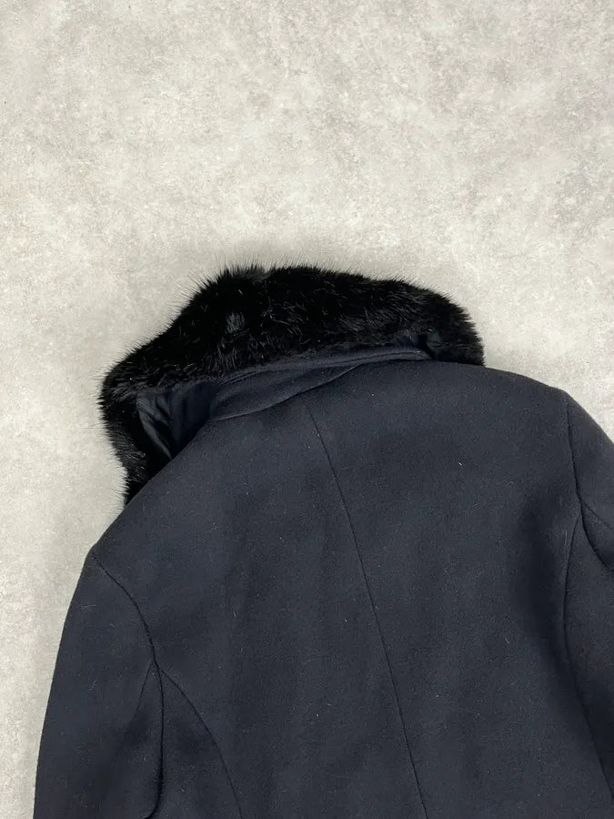AW2019 Emporio Armani Black Wool Faux Fur Collar Buttoned Coat  CVqrWZp 6