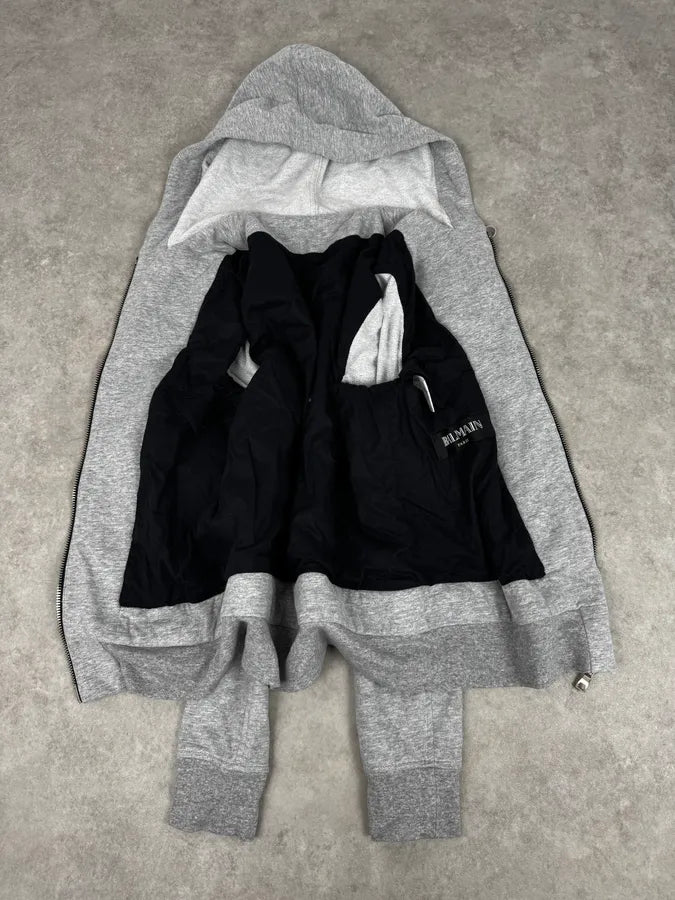 SS2019 Balmain Sample Grey & Black Horpist Leather Zip-Up Hooded Jacket HnnCjru 8