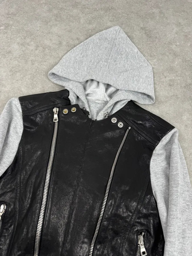 SS2019 Balmain Sample Grey & Black Horpist Leather Zip-Up Hooded Jacket HnnCjru 6