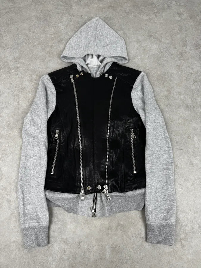 SS2019 Balmain Sample Grey & Black Horpist Leather Zip-Up Hooded Jacket HnnCjru 1