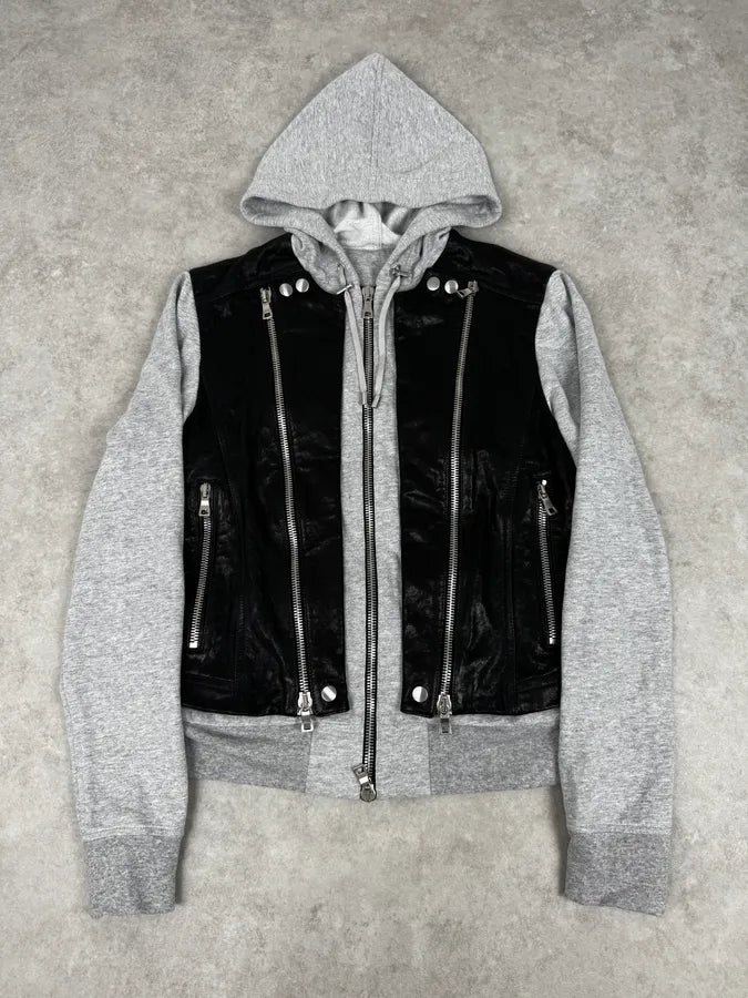 SS2019 Balmain Sample Grey & Black Horpist Leather Zip-Up Hooded Jacket HnnCjru 0