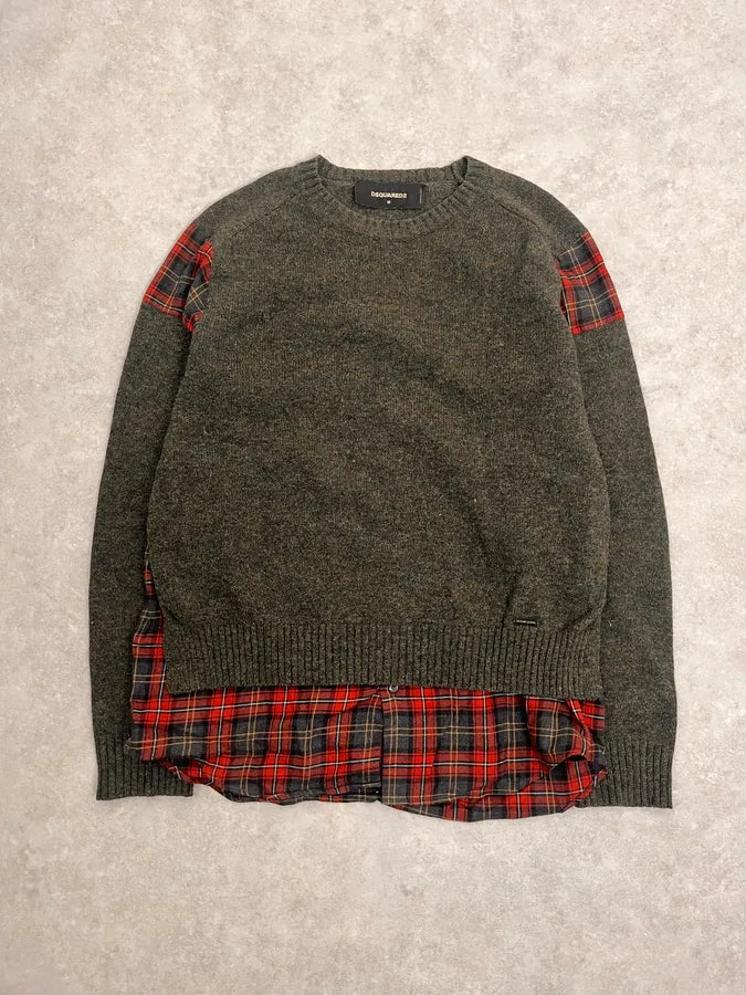 AW2019 Dsquared2 Hybrid Green Olive Wool & Checkered Red Shirt Sweater OJNFZWM 0