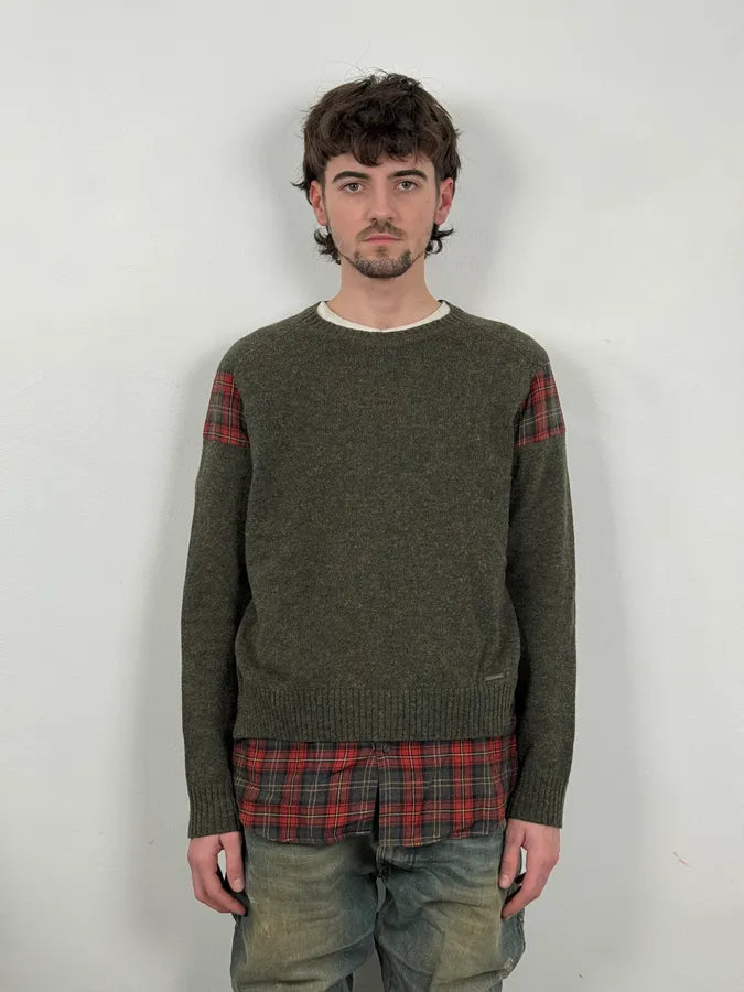 AW2019 Dsquared2 Hybrid Green Olive Wool & Checkered Red Shirt Sweater OJNFZWM 1