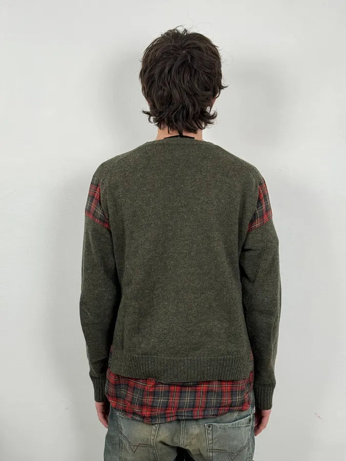 AW2019 Dsquared2 Hybrid Green Olive Wool & Checkered Red Shirt Sweater OJNFZWM 2