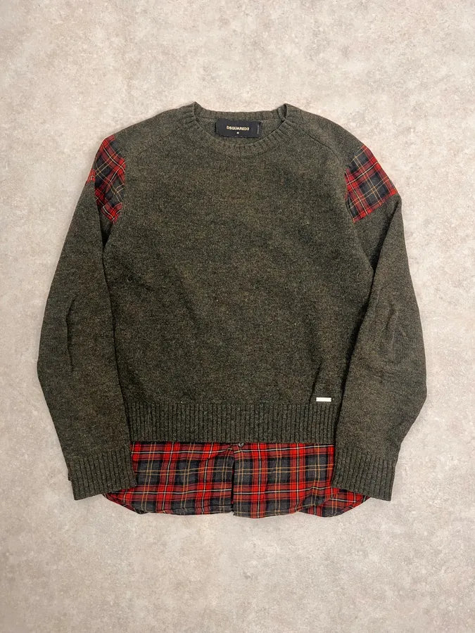 AW2019 Dsquared2 Hybrid Green Olive Wool & Checkered Red Shirt Sweater OJNFZWM 3