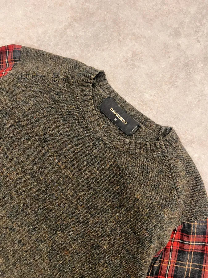 AW2019 Dsquared2 Hybrid Green Olive Wool & Checkered Red Shirt Sweater OJNFZWM 4