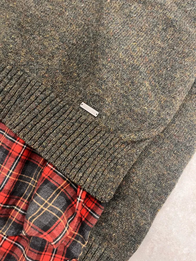 AW2019 Dsquared2 Hybrid Green Olive Wool & Checkered Red Shirt Sweater OJNFZWM 6