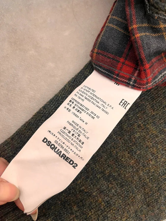 AW2019 Dsquared2 Hybrid Green Olive Wool & Checkered Red Shirt Sweater OJNFZWM 8