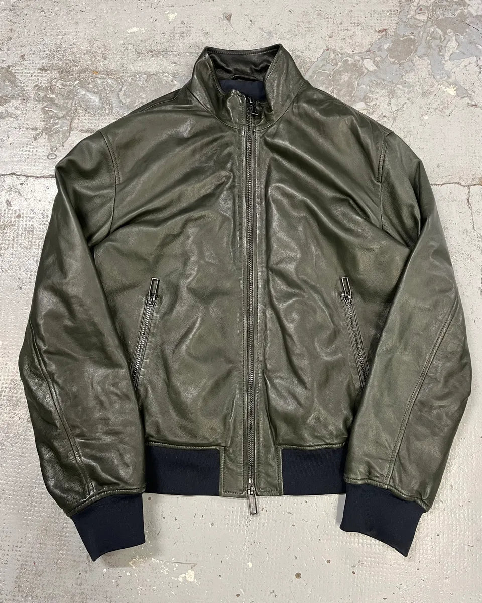 AW2019 Emporio Armani Green Leather Bomber Jacket FdkjVwR 0