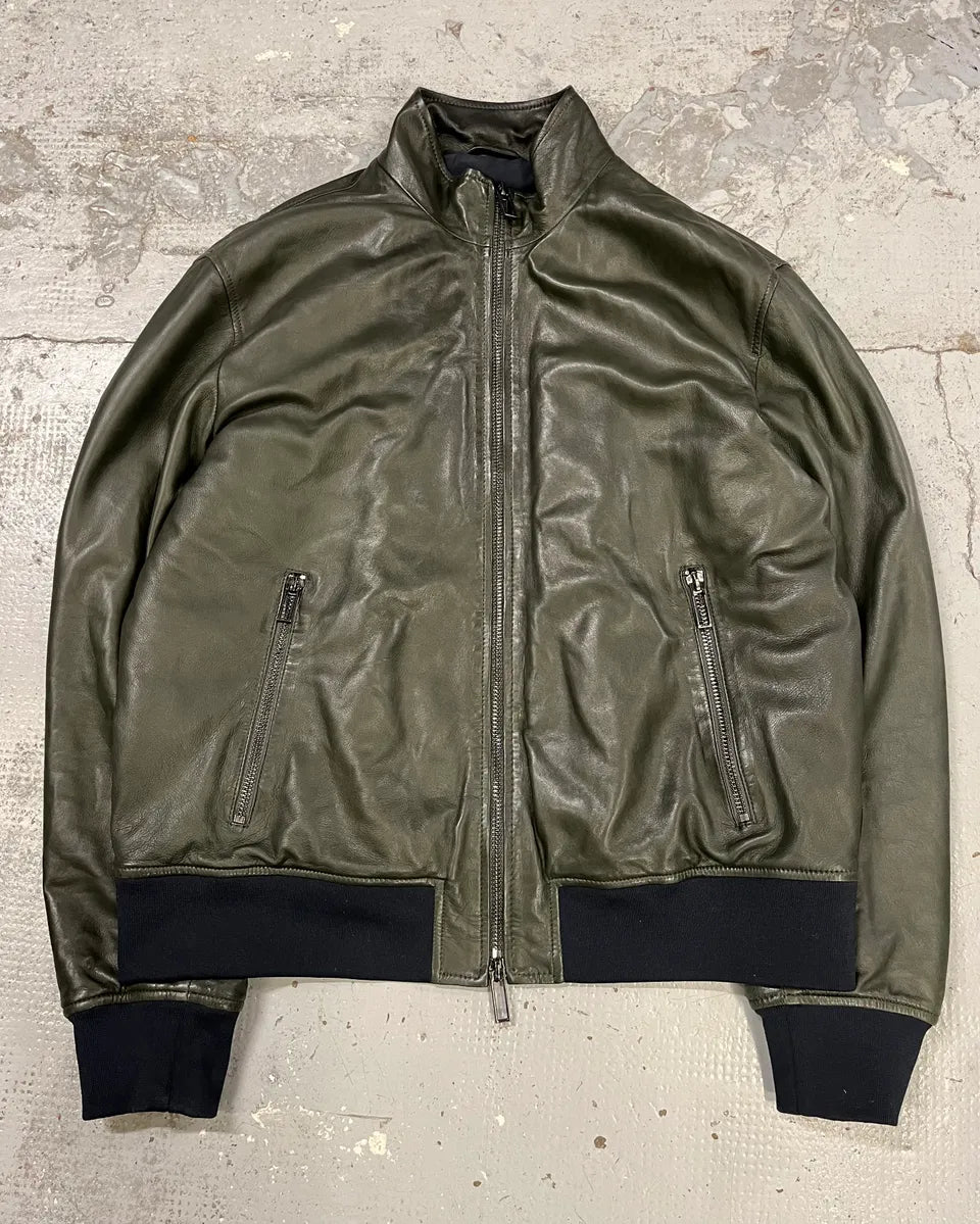 AW2019 Emporio Armani Green Leather Bomber Jacket FdkjVwR 3