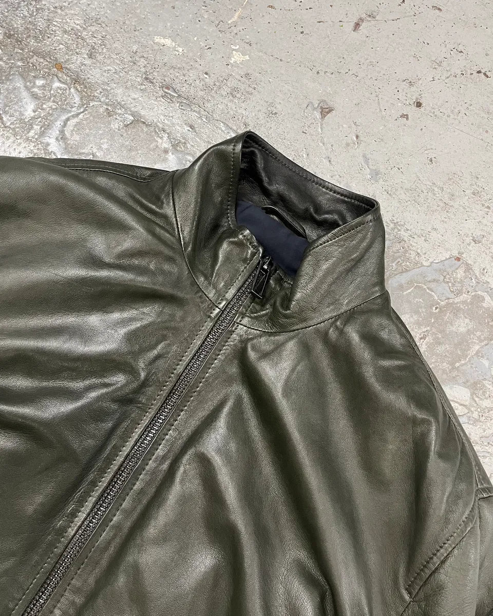 AW2019 Emporio Armani Green Leather Bomber Jacket FdkjVwR 4