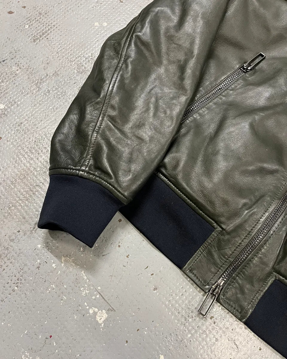 AW2019 Emporio Armani Green Leather Bomber Jacket FdkjVwR 5