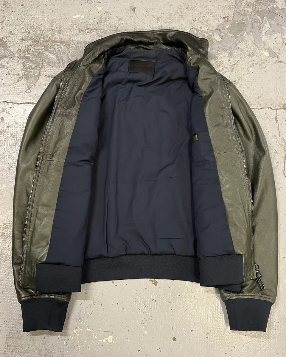 AW2019 Emporio Armani Green Leather Bomber Jacket FdkjVwR 7