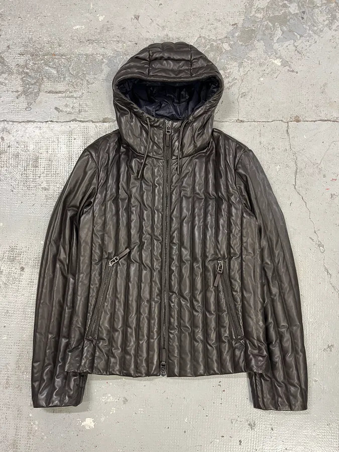 AW2019 Emporio Armani Grey Leather Lines Hooded Jacket xYGYUHA 0