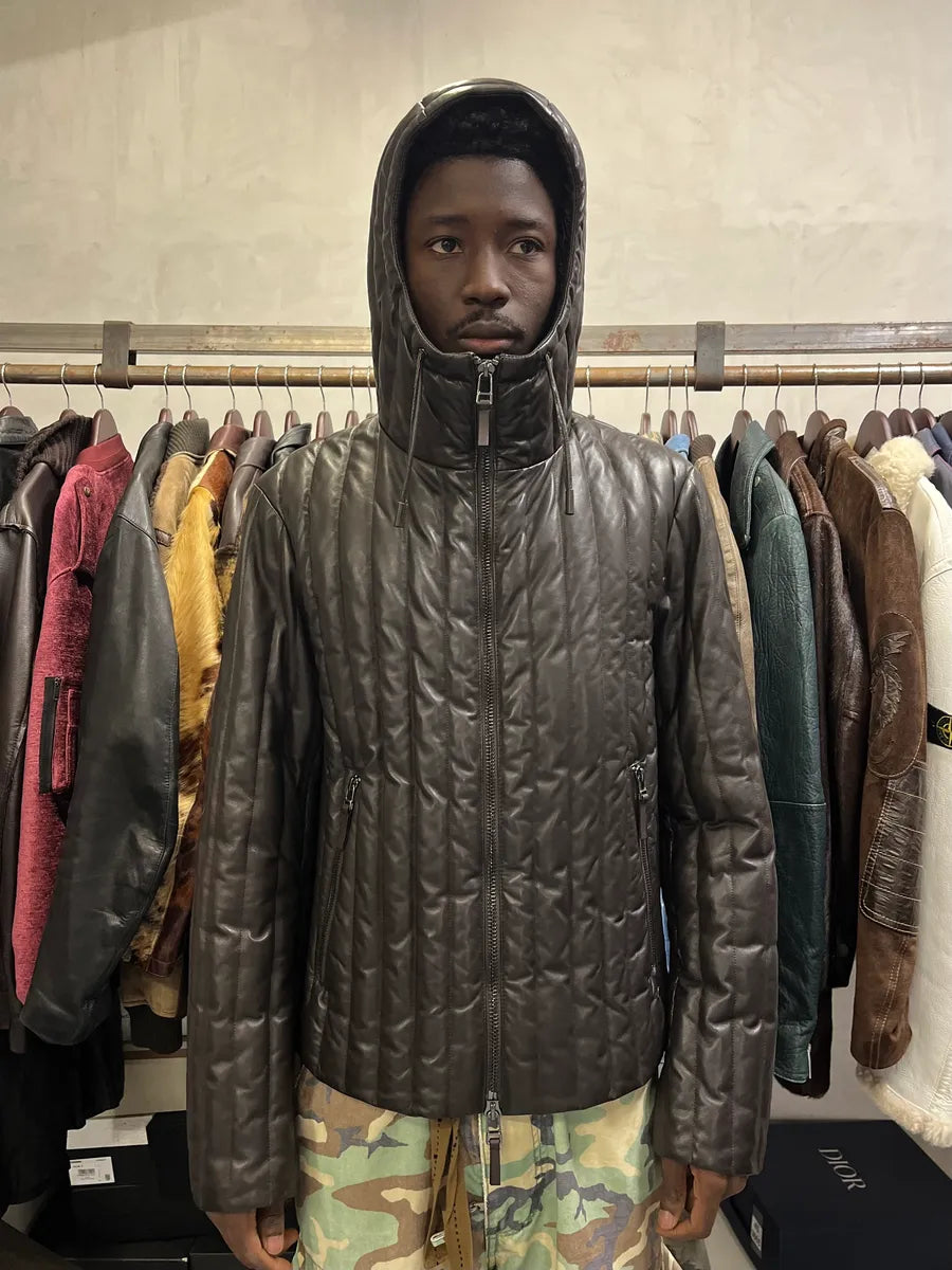 AW2019 Emporio Armani Grey Leather Lines Hooded Jacket xYGYUHA 1