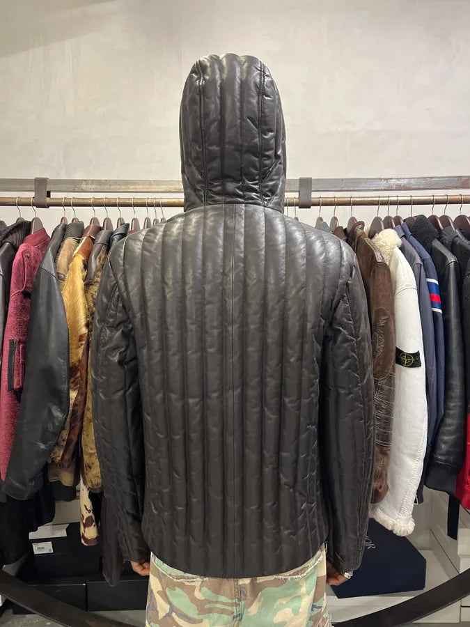 AW2019 Emporio Armani Grey Leather Lines Hooded Jacket xYGYUHA 2