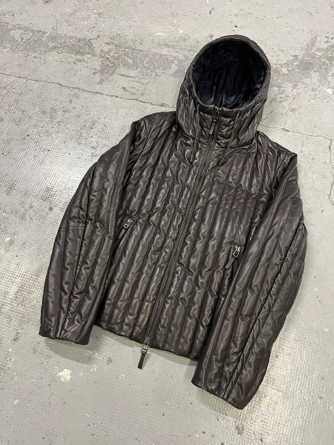 AW2019 Emporio Armani Grey Leather Lines Hooded Jacket xYGYUHA 4