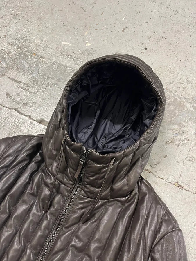 AW2019 Emporio Armani Grey Leather Lines Hooded Jacket xYGYUHA 5