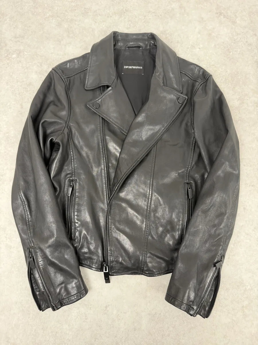 AW2019 Emporio Armani Perfecto Grey Leather Jacket fPXqyyS 2