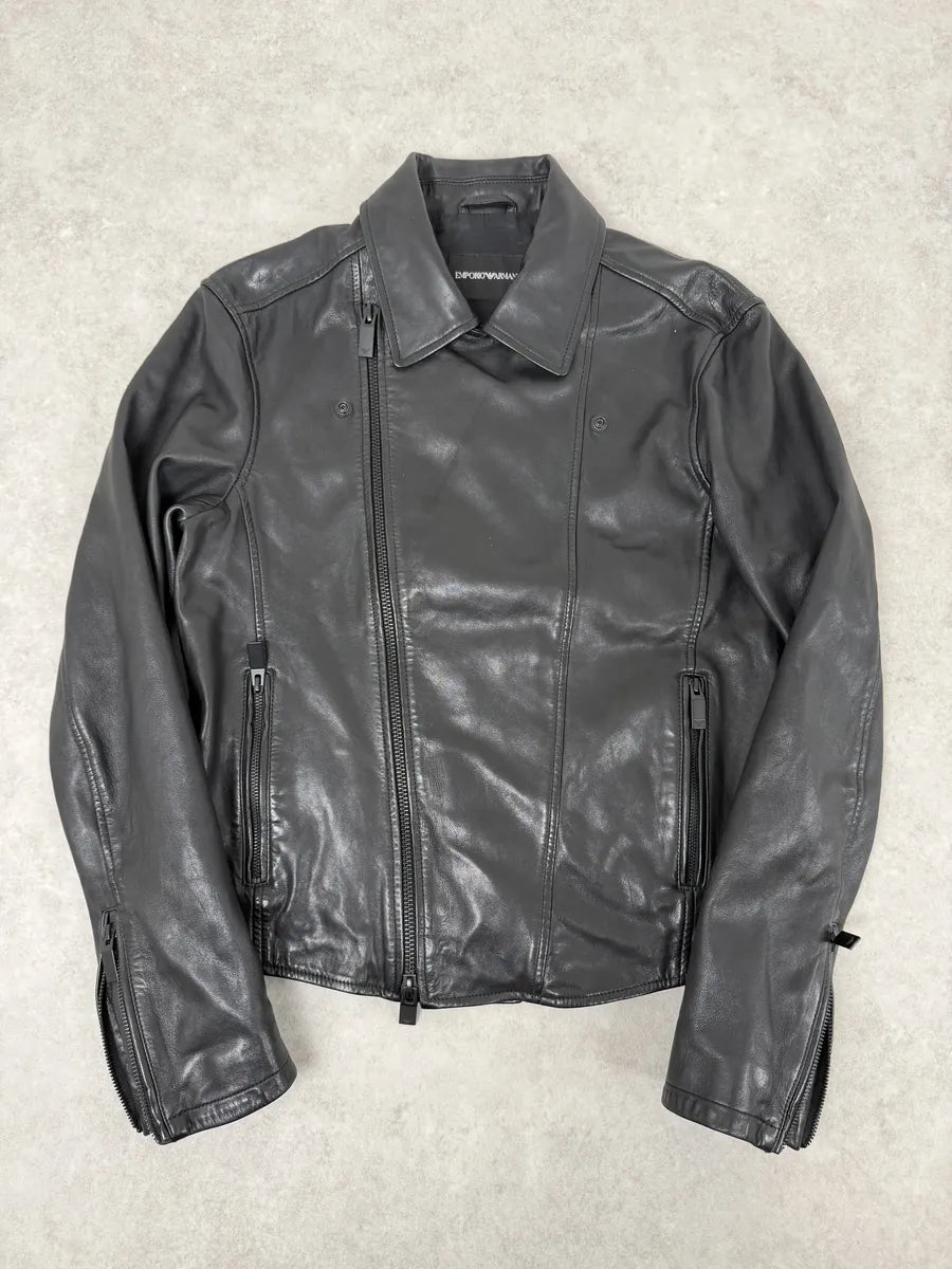 AW2019 Emporio Armani Perfecto Grey Leather Jacket fPXqyyS 3