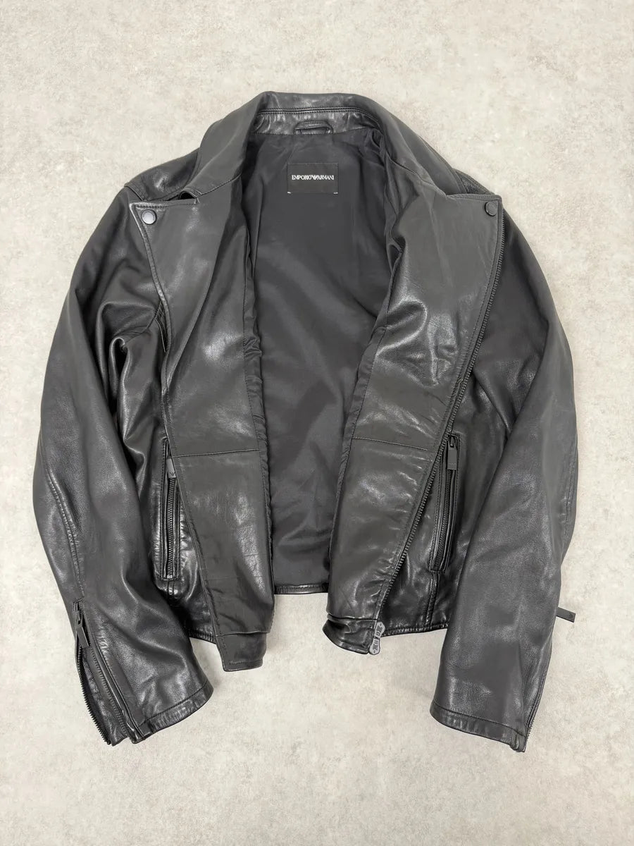 AW2019 Emporio Armani Perfecto Grey Leather Jacket fPXqyyS 4