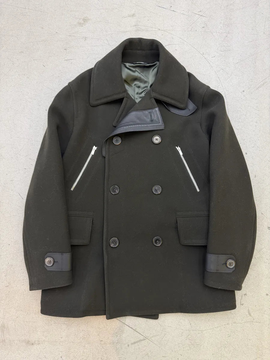 AW2019 Hermès Dark Green Wool & Leather Long Caban Jacket SjXQjEn 0