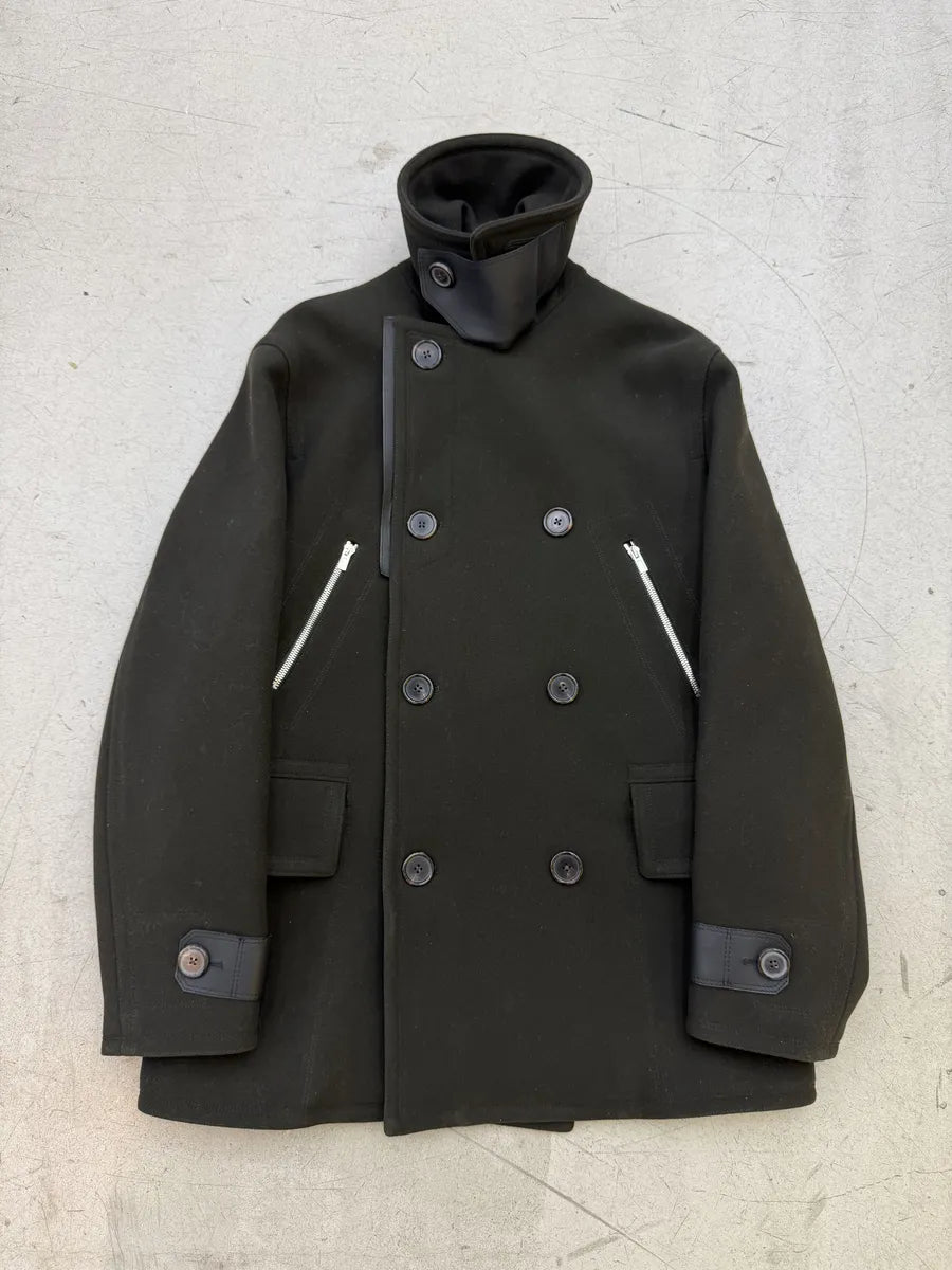 AW2019 Hermès Dark Green Wool & Leather Long Caban Jacket SjXQjEn 1