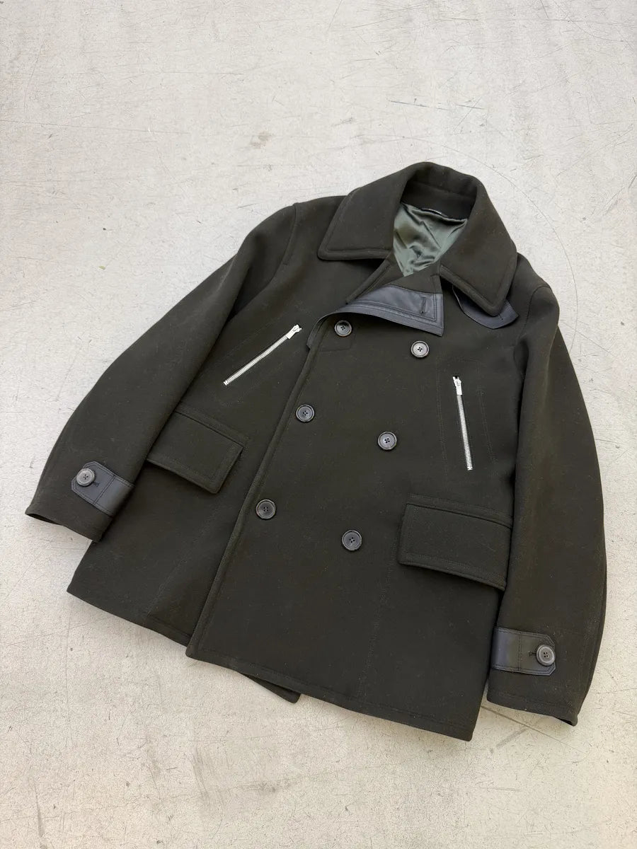 AW2019 Hermès Dark Green Wool & Leather Long Caban Jacket SjXQjEn 8
