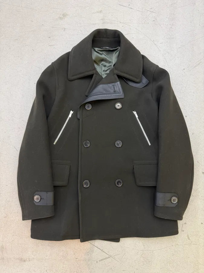 AW2019 Hermès Forest Green Wool & Black Leather Caban Jacket oGVUInh 0